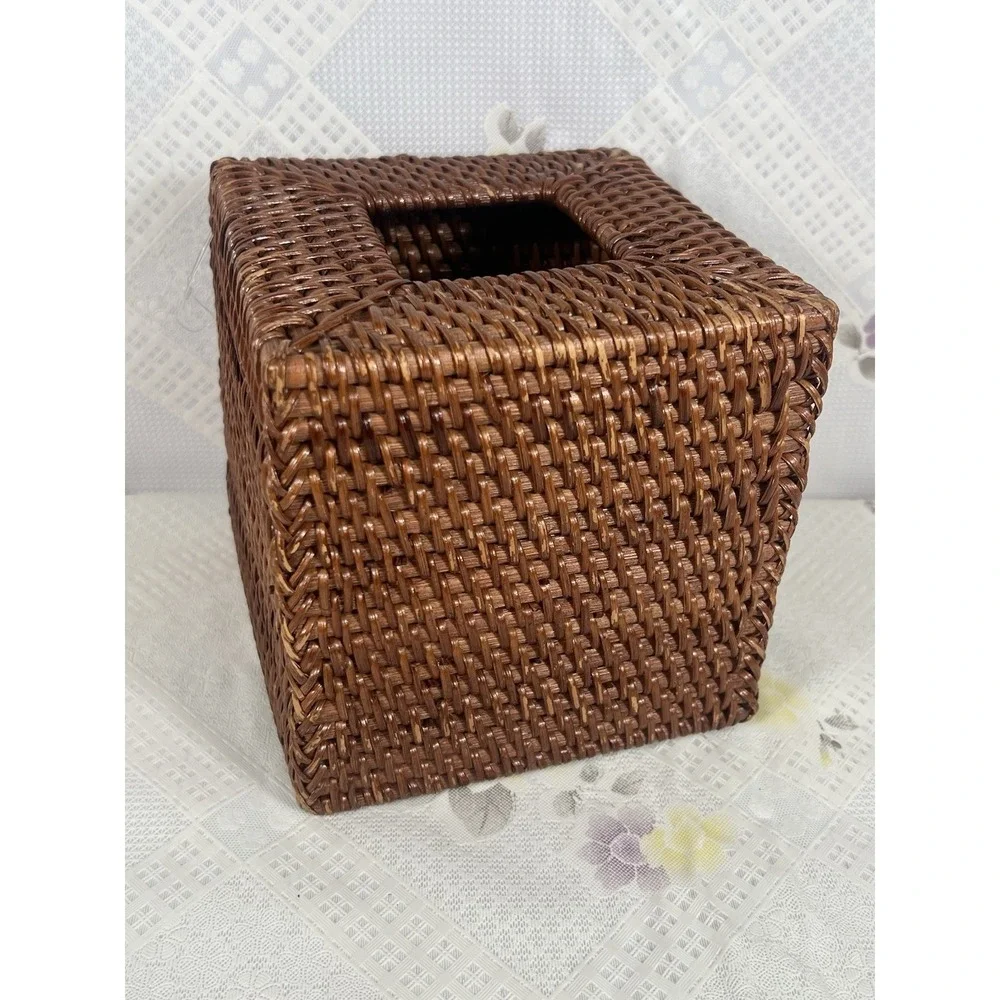 Vintage Wicker Rattan Wood Square Tissue Box Cover Holder‎ Tropical Coastal